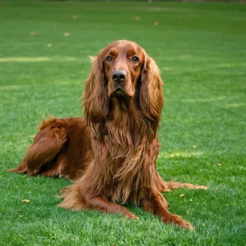 Irish Setter: Mahogany red setter with flowing coat on green lawn