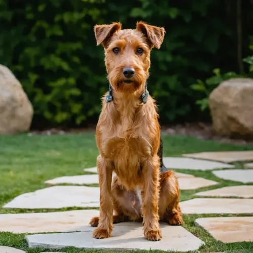Irish Terrier: Bold red terrier with confident stance on garden stonework