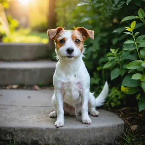 Jack Russell Terrier: Small white terrier with bright expression on garden step