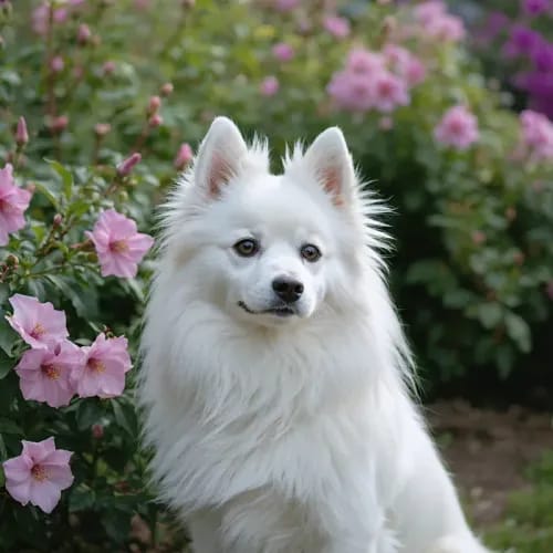 Japanese Spitz: Pure white spitz-type dog in flowering garden