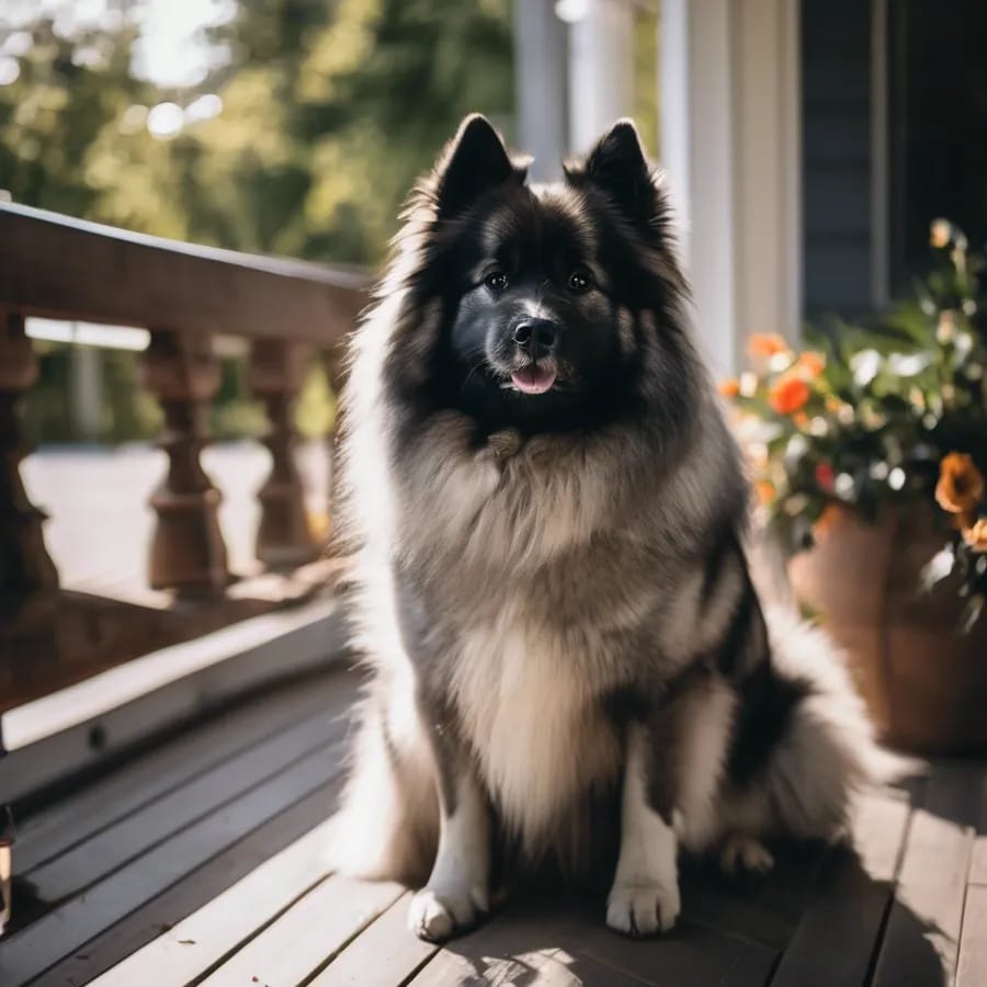 Keeshond on a porch