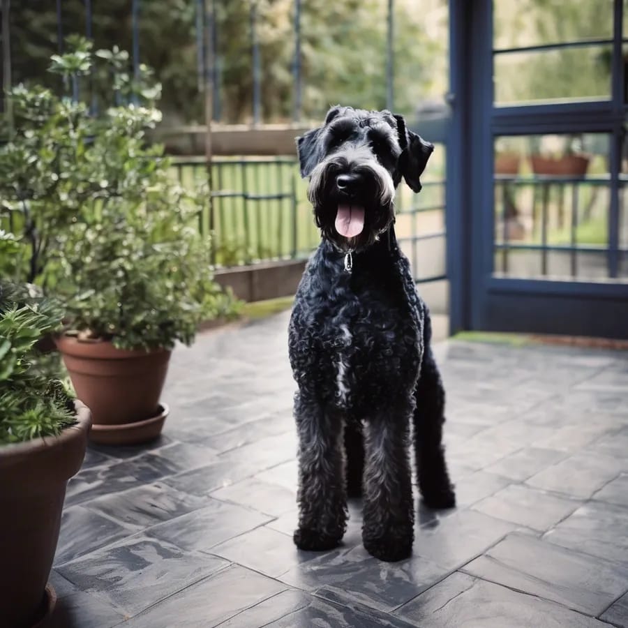Kerry Blue Terrier standing on a patio