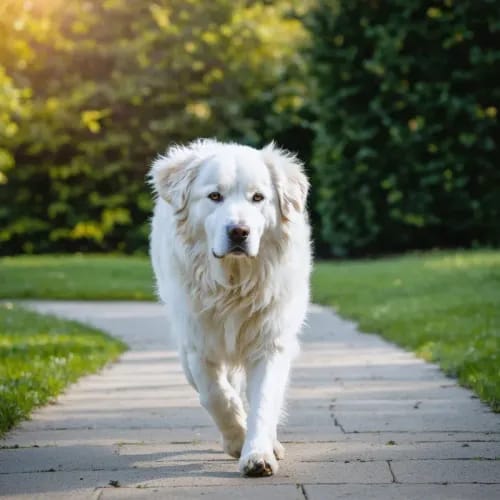 Kuvasz: Large white guardian dog on garden pathway