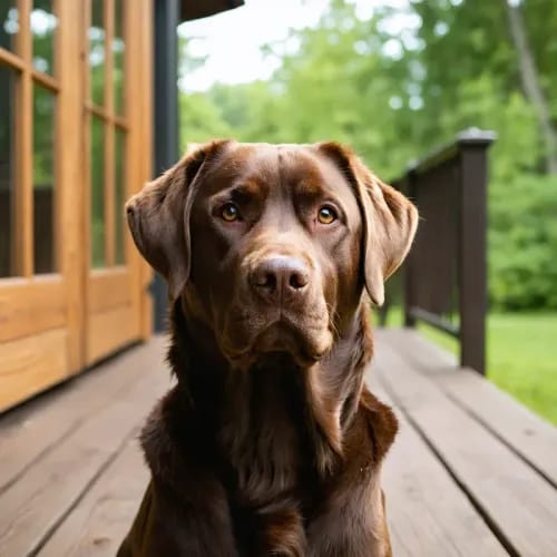 Labrador Retriever: Chocolate lab with friendly expression on wooden porch