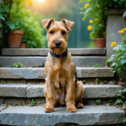 Lakeland Terrier: Wire-coated terrier on stone garden steps