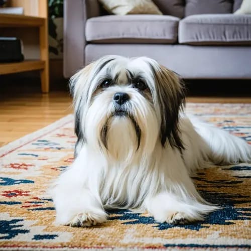Lhasa Apso: Long-haired ancient dog on patterned living room rug
