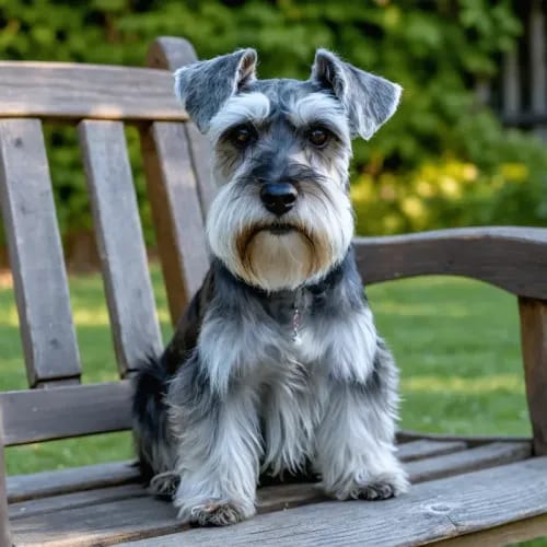 Miniature Schnauzer: Small bearded terrier on wooden garden bench