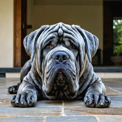 Neapolitan Mastiff: Heavily wrinkled massive dog on stone patio