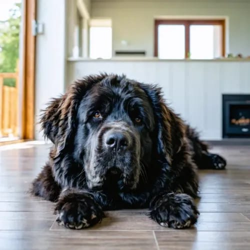 Newfoundland: Massive black water dog resting on cool home flooring