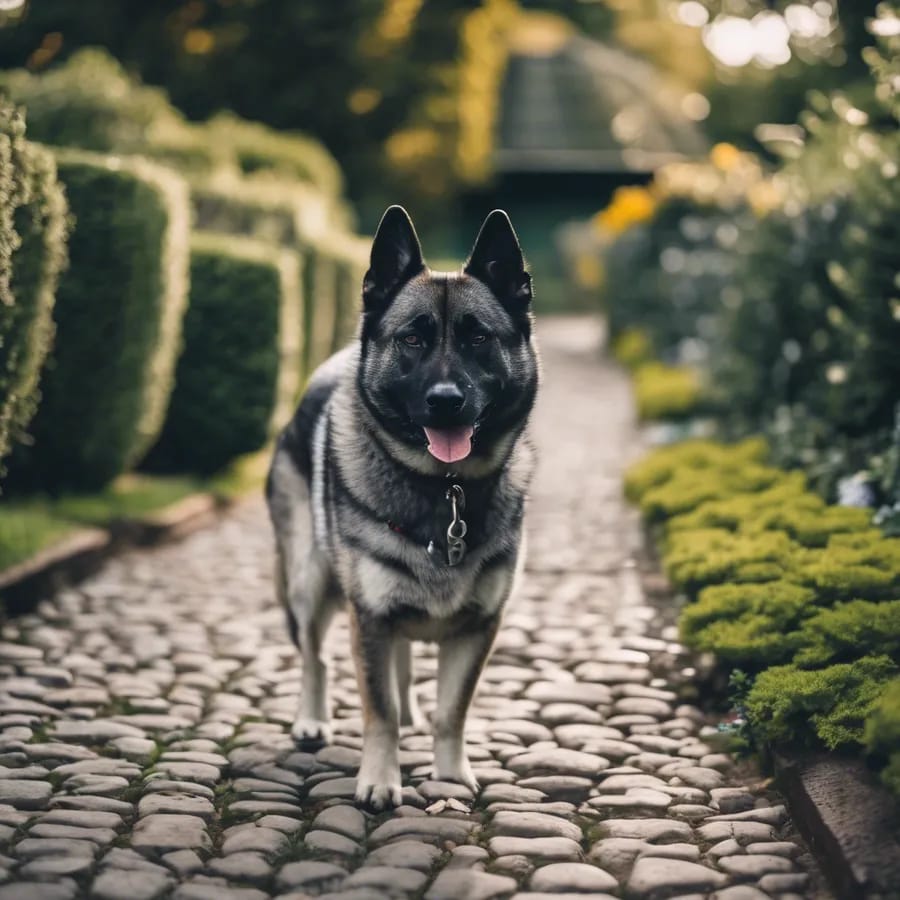Norwegian Elkhound on a garden path