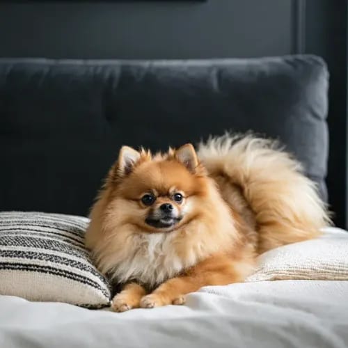 Pomeranian: Fox-faced ball of fluff on decorative home pillow