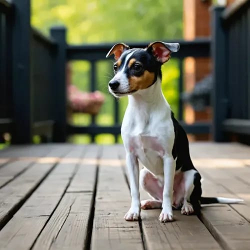 Rat Terrier: Small terrier with sleek coat on wooden porch