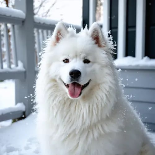 Samoyed: White smiling spitz dog on snow-dusted porch