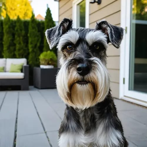 Schnauzer: Bearded dog with dignified expression on home patio
