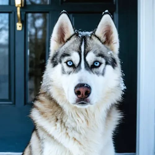 Siberian Husky: Wolf-like sled dog with ice-blue eyes on snowy porch