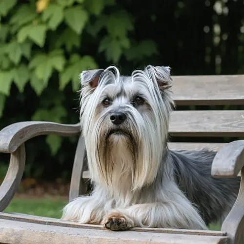 Skye Terrier: Long-coated terrier with hair covering eyes on garden bench