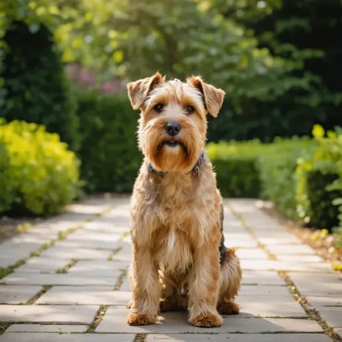 Soft Coated Wheaten Terrier: Golden wavy-coated terrier on garden pathway