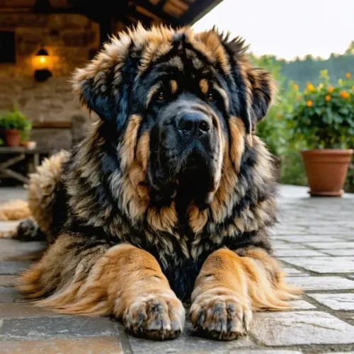 Tibetan Mastiff: Enormous maned dog with noble bearing on stone patio