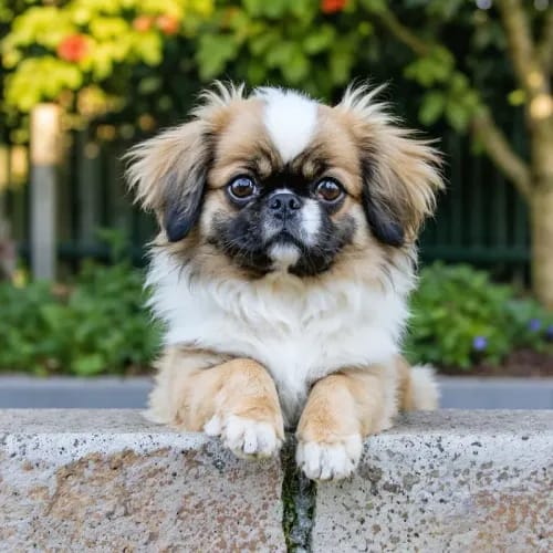 Tibetan Spaniel: Small lion-like dog on garden wall with alert expression