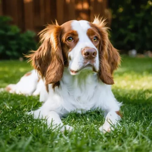 Welsh Springer Spaniel: Red and white spaniel with gentle expression on green lawn