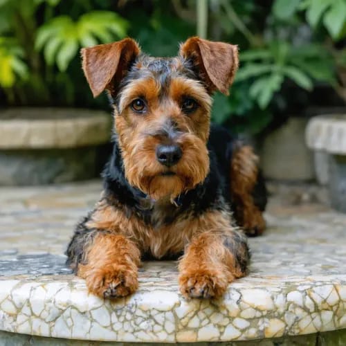 Welsh Terrier: Black and tan terrier on decorative garden stonework