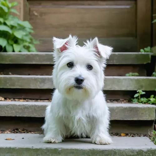 West Highland White Terrier: Small white terrier with bright expression on garden steps