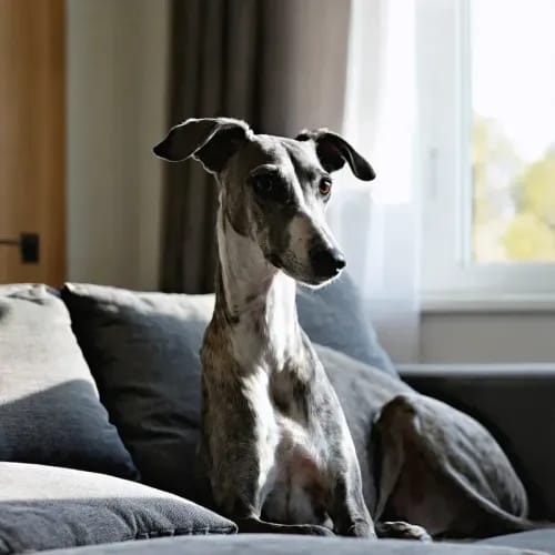 Whippet: Slender sighthound with elegant pose in home living room