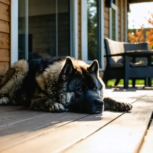 Akita: Dignified Akita resting on sunny home deck