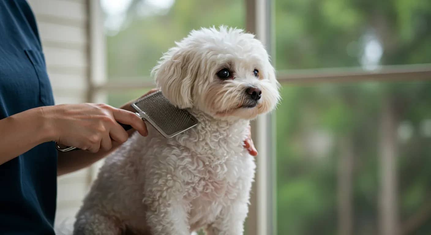 A well-groomed white Bichon Frise being brushed with a professional pin brush, demonstrating proper coat maintenance techniques