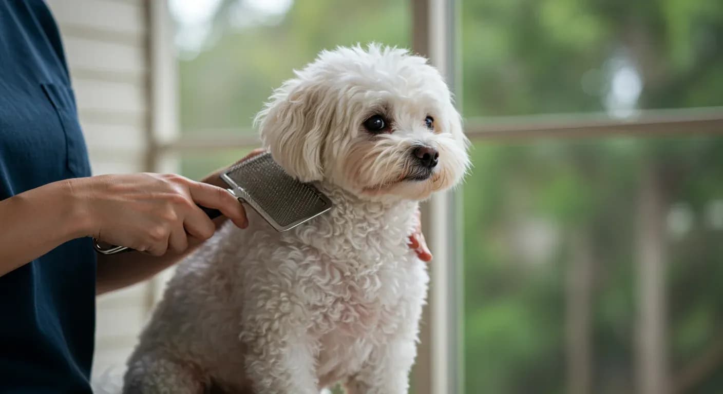 A well-groomed white Bichon Frise being brushed with a professional pin brush, demonstrating proper coat maintenance techniques