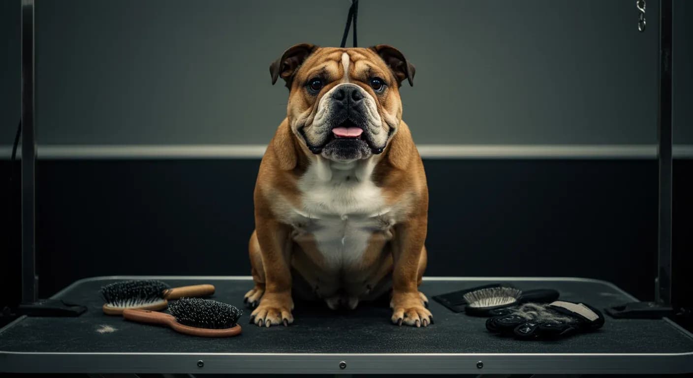 Well-groomed English Bulldog sitting on grooming table surrounded by different types of gentle brushes, representing the article's focus on proper grooming tools for Bulldogs