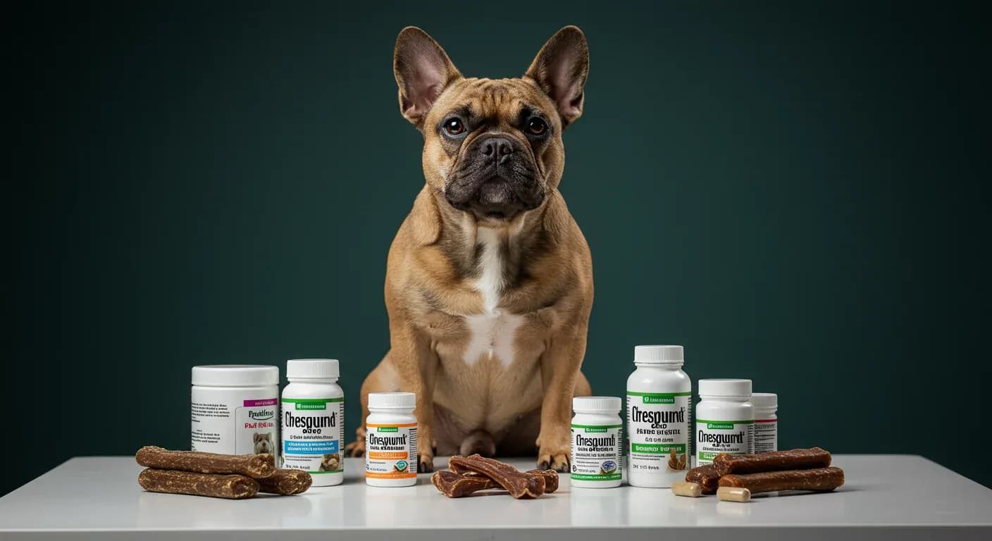 A French Bulldog sitting centered among various dog supplements, representing the importance of choosing the right supplements for this breed's specific health needs