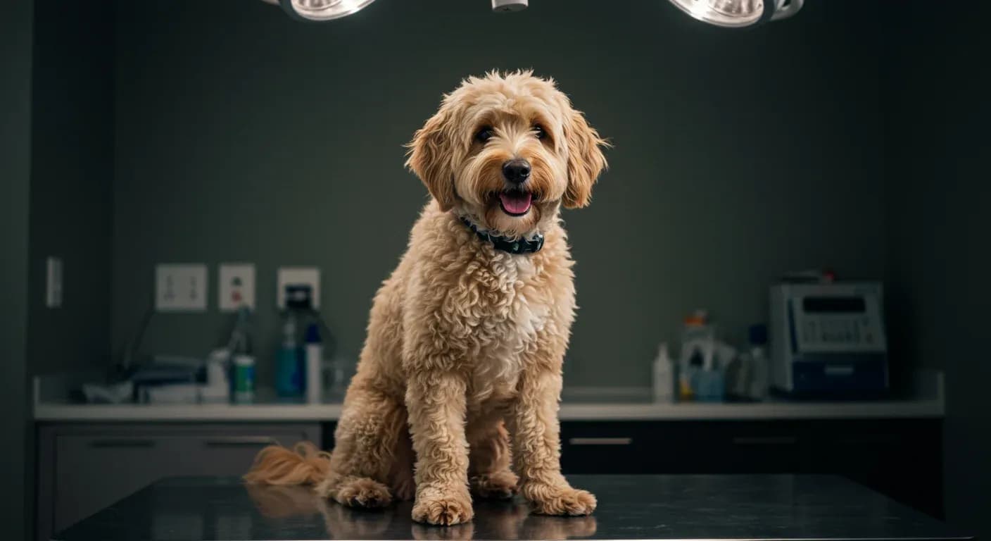 A cream-colored Moodle dog sitting calmly on an examination table during a veterinary health check, representing proactive healthcare and breed-specific health monitoring