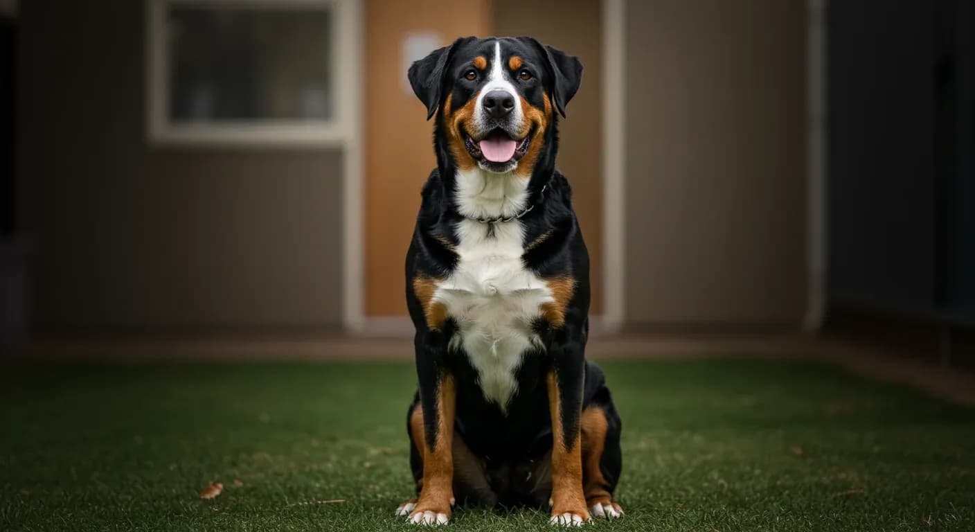 A Greater Swiss Mountain Dog sitting alertly in a veterinary setting, representing the importance of health monitoring for this breed prone to various genetic conditions