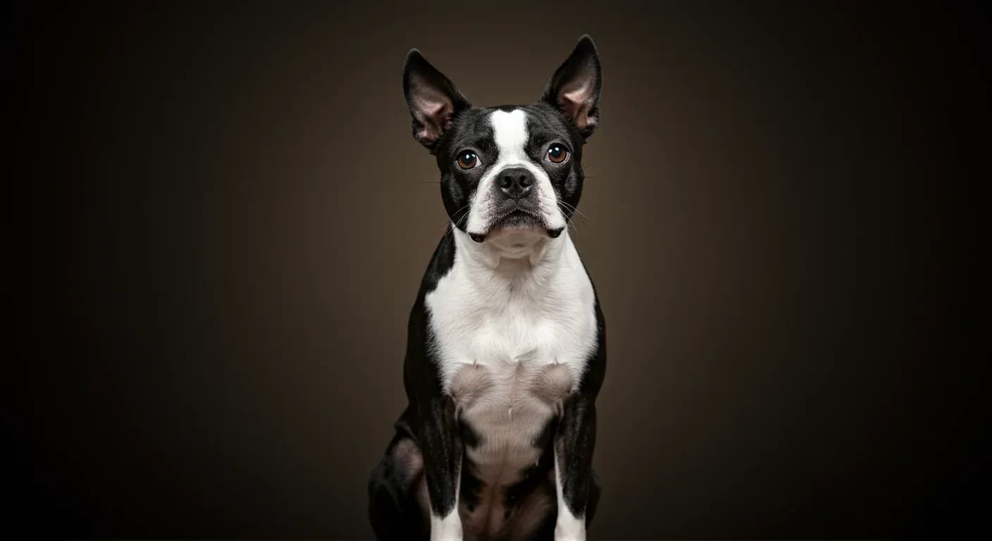 Professional portrait of a Boston Terrier with black and white markings sitting attentively, centered in frame against a neutral background, illustrating the breed discussed in the dietary concerns article