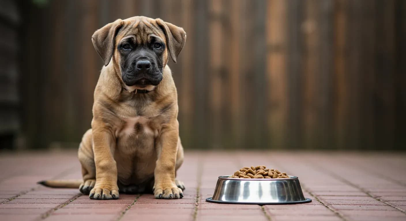 Young Mastiff puppy sitting next to food bowl with kibble, representing proper puppy feeding practices
