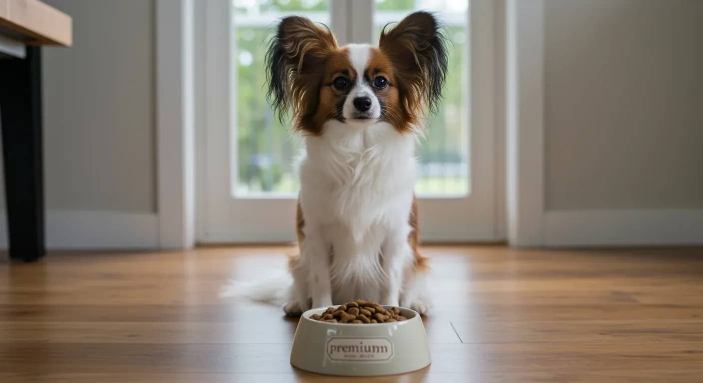 A Papillon dog with characteristic butterfly ears sitting next to a food bowl in a modern kitchen, representing the article's focus on proper nutrition and feeding for this breed