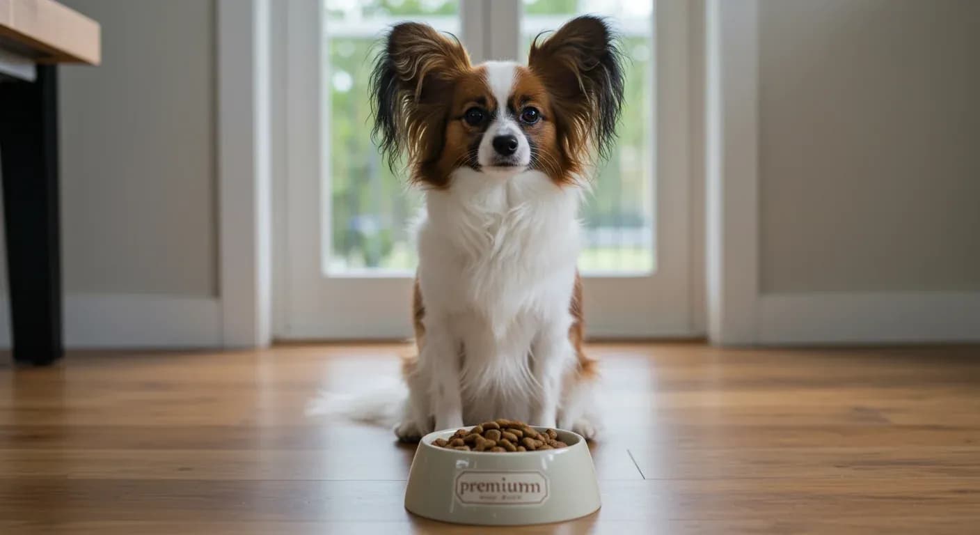 A Papillon dog with characteristic butterfly ears sitting next to a food bowl in a modern kitchen, representing the article's focus on proper nutrition and feeding for this breed