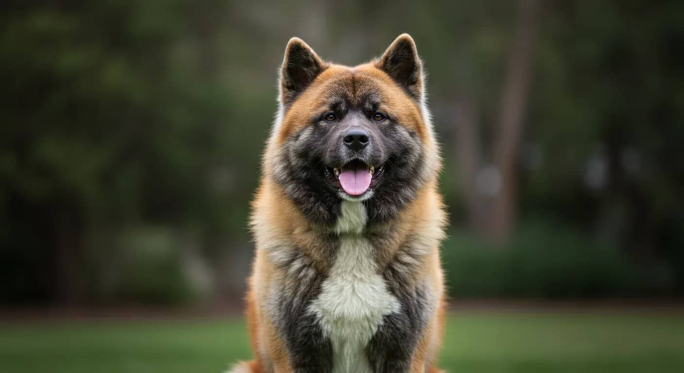 A majestic red Akita with thick double coat sitting in an Australian garden setting, showcasing the breed's distinctive coat that requires specialized grooming care