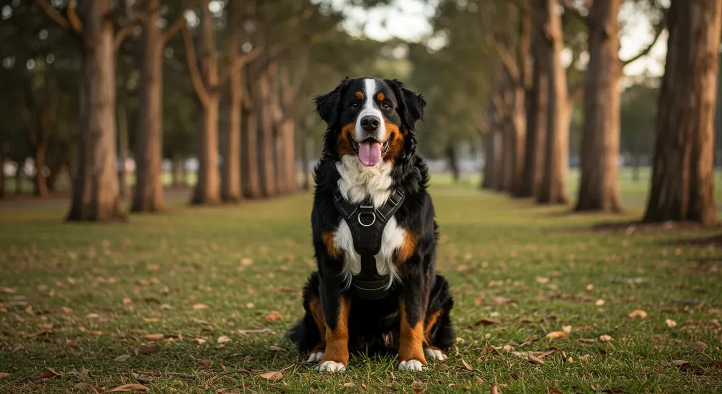 A Bernese Mountain Dog wearing a harness stands centered in an Australian park, demonstrating proper harness fit and the breed's gentle yet strong appearance