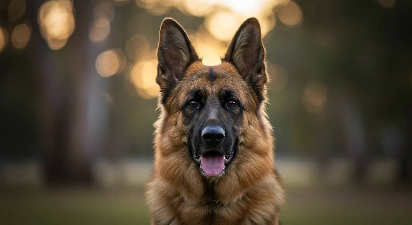 Close-up portrait of a German Shepherd with prominent upright ears, demonstrating the breed's distinctive ear structure that makes them less prone to ear infections