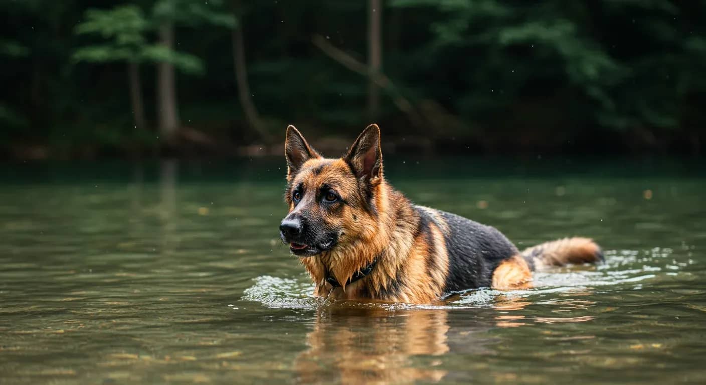 German Shepherd swimming confidently in clear water, demonstrating the low-impact exercise benefits discussed in the article about swimming for joint health