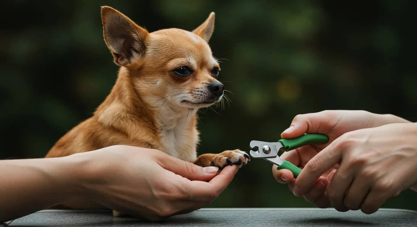 A calm Chihuahua sitting centered in frame while human hands gently approach with nail clippers, demonstrating the positive nail trimming training described in the article