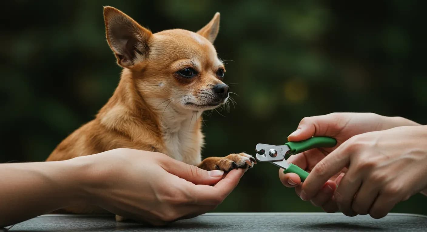 A calm Chihuahua sitting centered in frame while human hands gently approach with nail clippers, demonstrating the positive nail trimming training described in the article