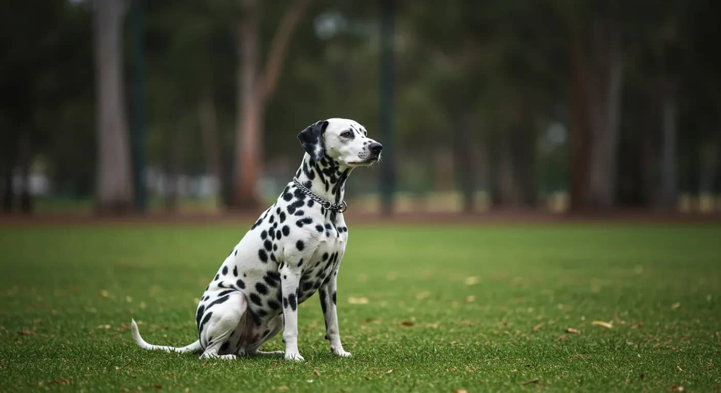 A Dalmatian dog sitting attentively during training in a park, showcasing the breed's alert intelligence and distinctive spotted coat pattern essential for effective training