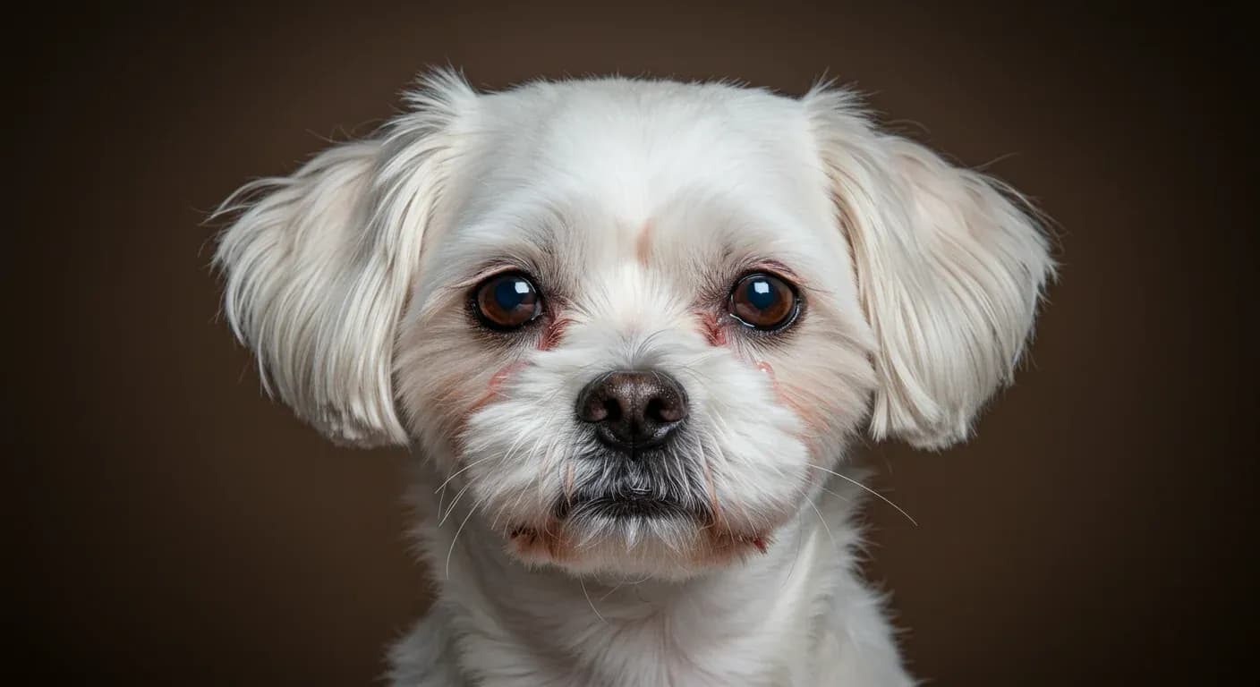 Close-up portrait of a white Shih Tzu showing characteristic reddish-brown tear stains under the eyes, demonstrating the main topic of the article about tear stain causes and treatment