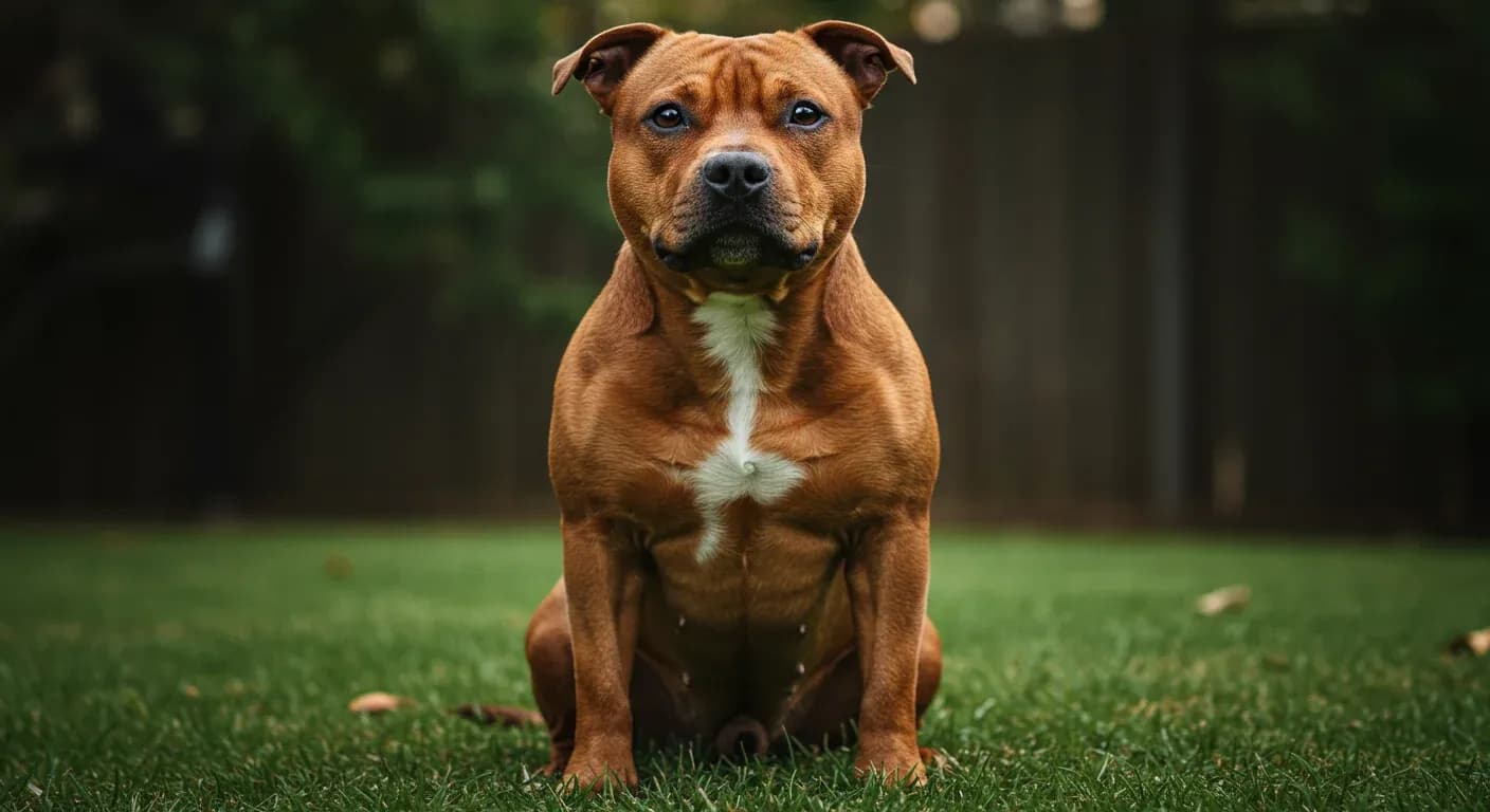 A Staffordshire Bull Terrier sitting in a centered pose in an Australian backyard, showcasing the breed's muscular build and gentle expression that represents their affectionate yet strong nature