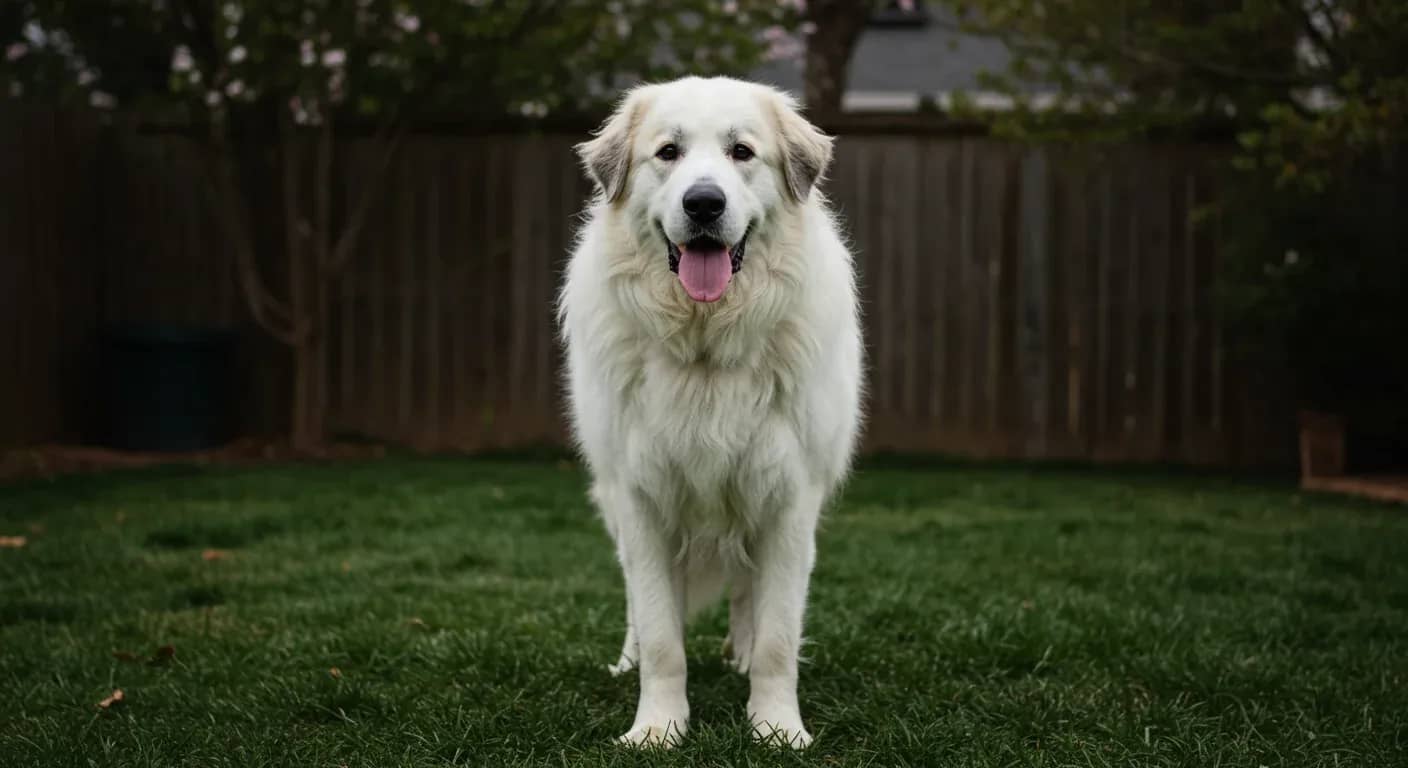 A Great Pyrenees dog standing confidently in a fenced yard, demonstrating the breed's impressive size and gentle yet protective nature that defines their guardian temperament